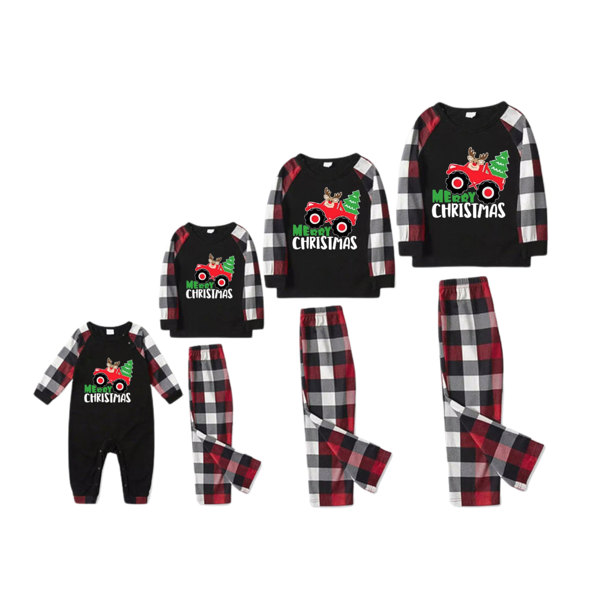 Driving Elk Cartoon Pattern Red&Black&White Plaid  Matching Pajamas