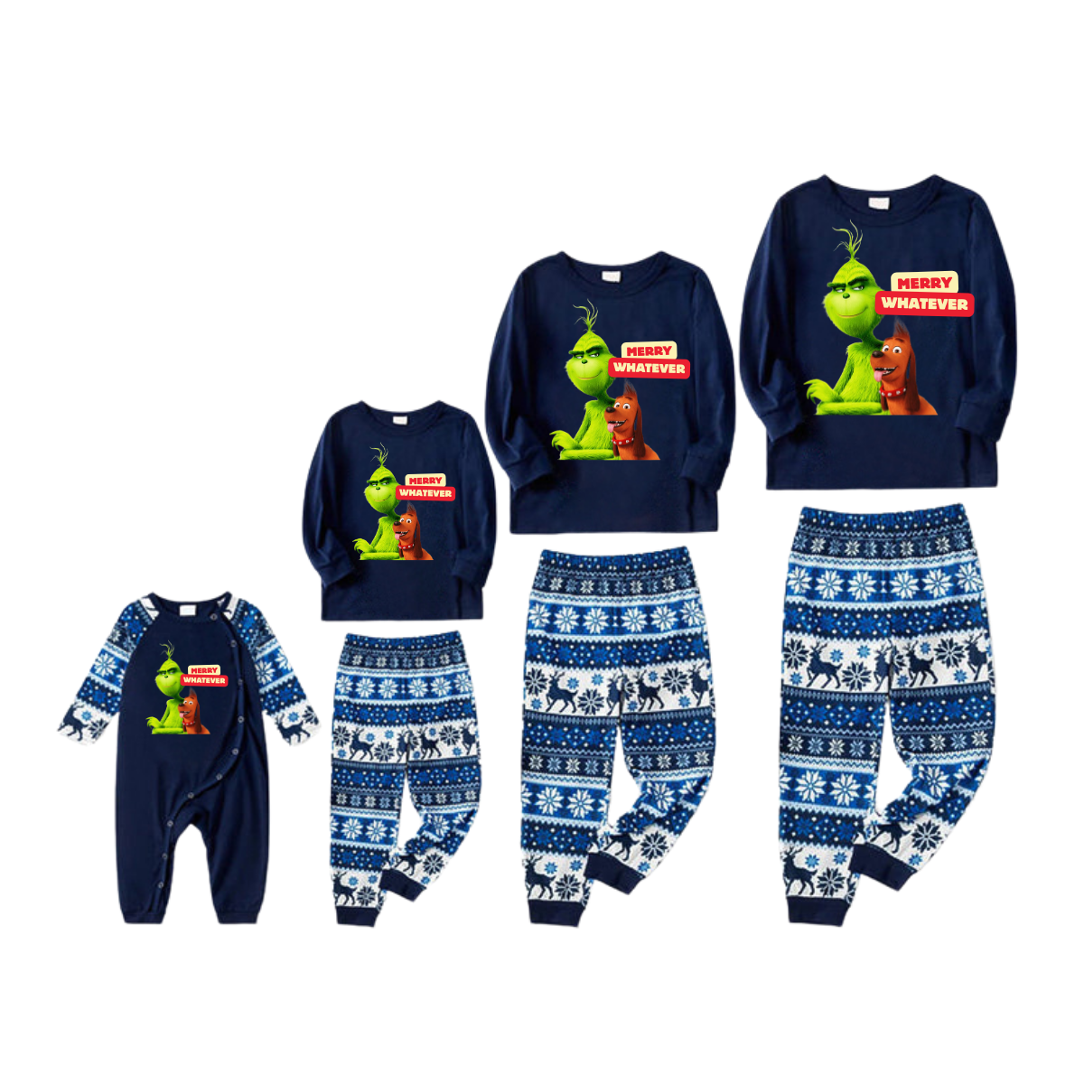 Cartoon Pattern and "Merry Whatever" Text Printed Blue Top Navy Blue Plaid Pants Family Matching Pajamas