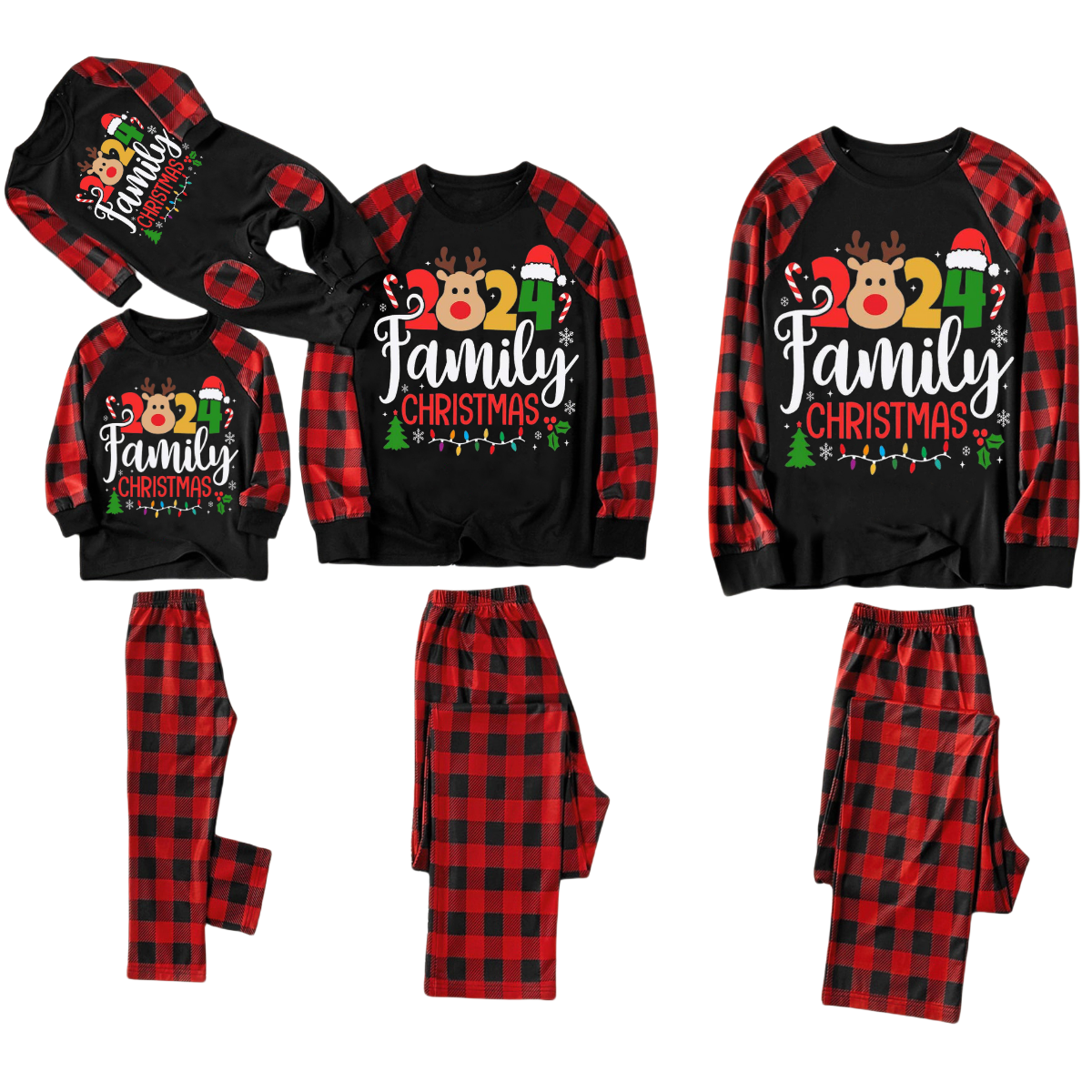 Cute Deer and "2024 Family Christmas" Text Print Black & Red Plaid Christmas Matching Pajamas