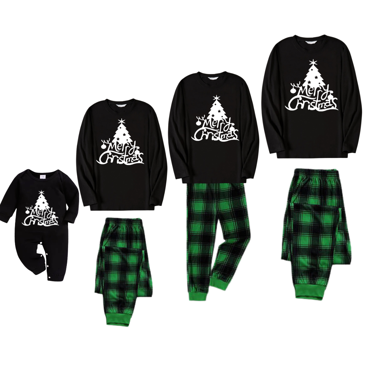 Christmas Tree and "Merry Christmas" Text Print Black Long Sleeve Top with Green and Black Plaid Family Matching Pajamas