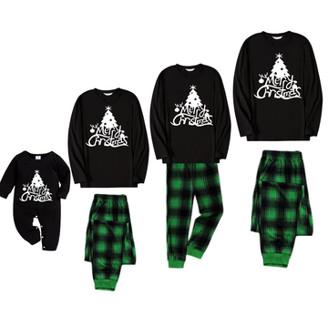 Christmas Tree and "Merry Christmas" Text Print Black Long Sleeve Top with Green and Black Plaid Family Matching Pajamas