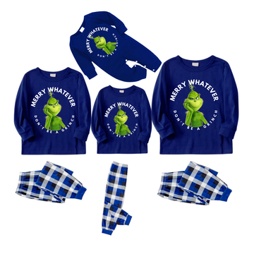 Cartoon Pattern and Funny Slogan Printed Blue and White Plaid Family Matching Pajamas