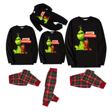 "Merry Whatever" Slogan and Cartoon Pattern Printed Red and Green Plaid Family Matching Pajamas