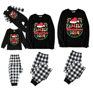 "Family Christmas 2024" Cute Pattern Print Black and White Plaid Family Matching Pajamas