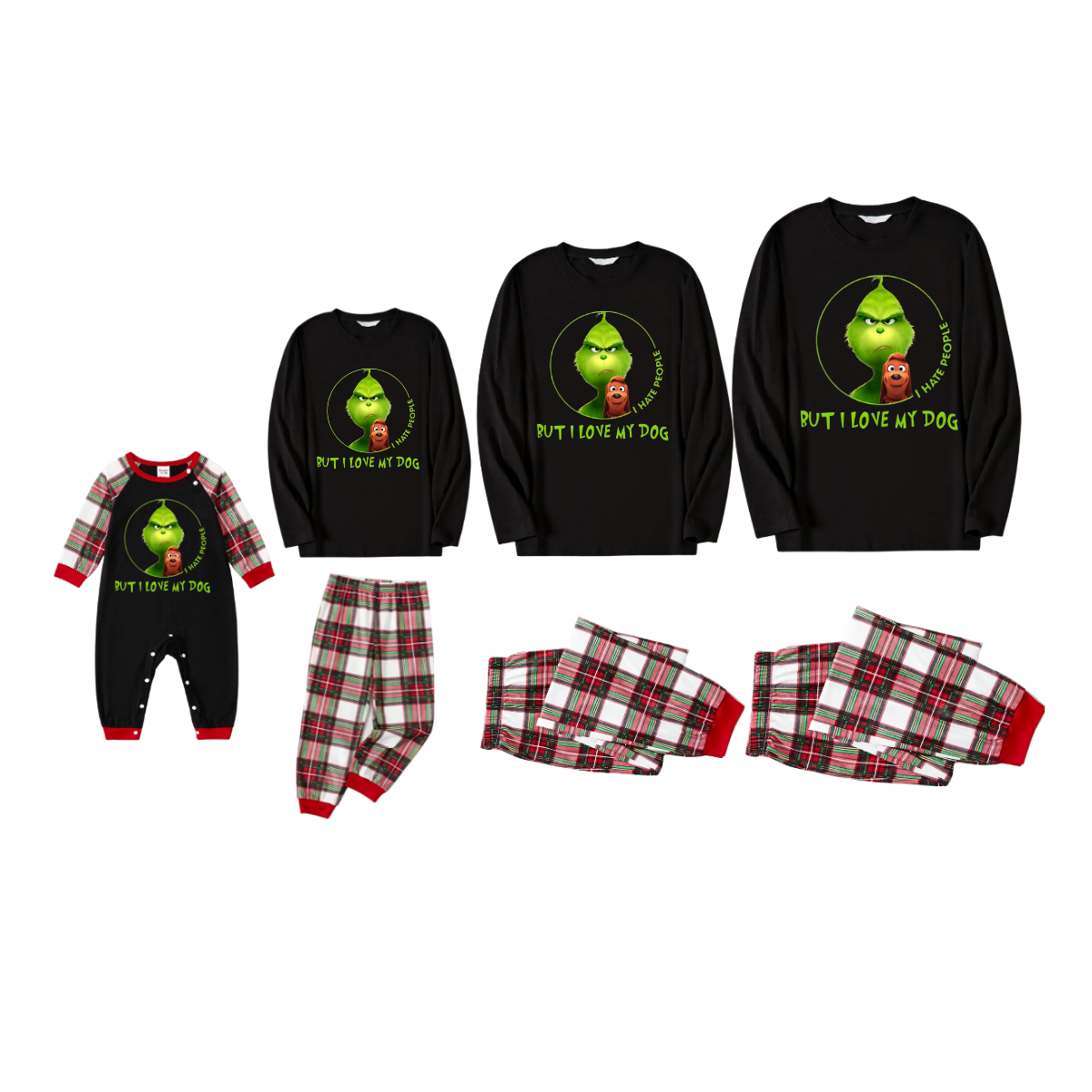 'I Hate People But I love My Dog' Text With Green Cartoon Characters and Dog Pattern Black Top Red&White&Green Plaid Pants Family Matching Pajamas