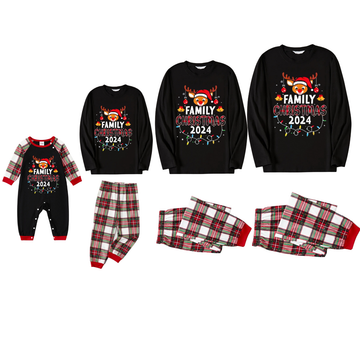 "Family Christmas 2024" with Elk Pattern- Black Top with Red & White & Green Plaid Pants Family Matching Pajamas