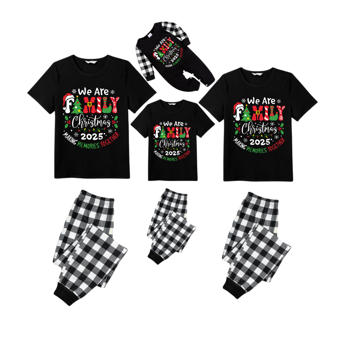 We Are Family Making Memories Together Christmas 2025 Pajamas Set - Black Top Black and White Plaid Pants Colorful Text Graphic