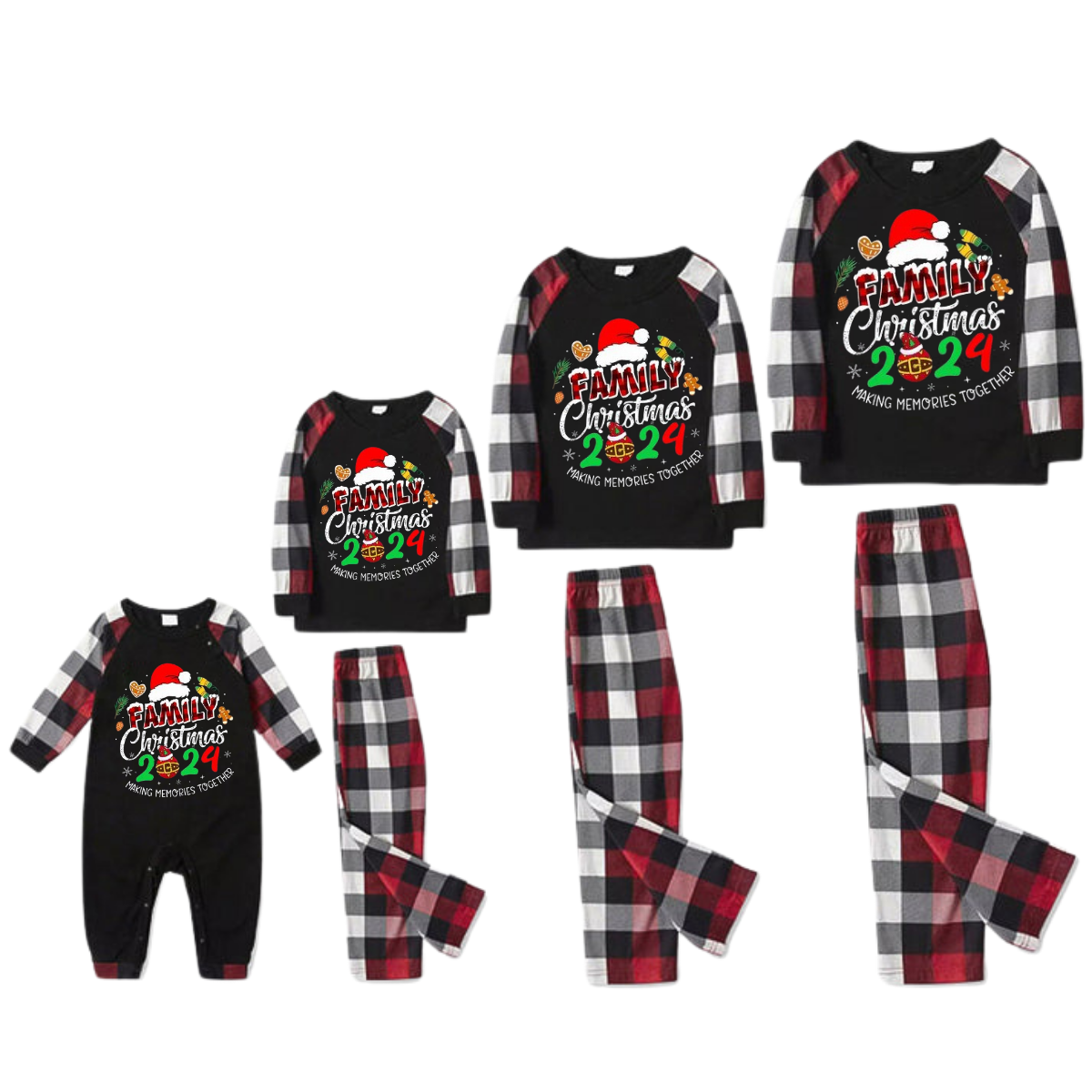 Santa Hat And "Family Christmas 2024 " Colorful Text Printed Pattern - Black Top with Red&Black&White Plaid Sleeves - Family Matching Pajamas