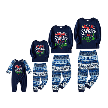 "Dear Santa I can Explain" Slogan Printed Blue Family Christmas Matching Pajamas