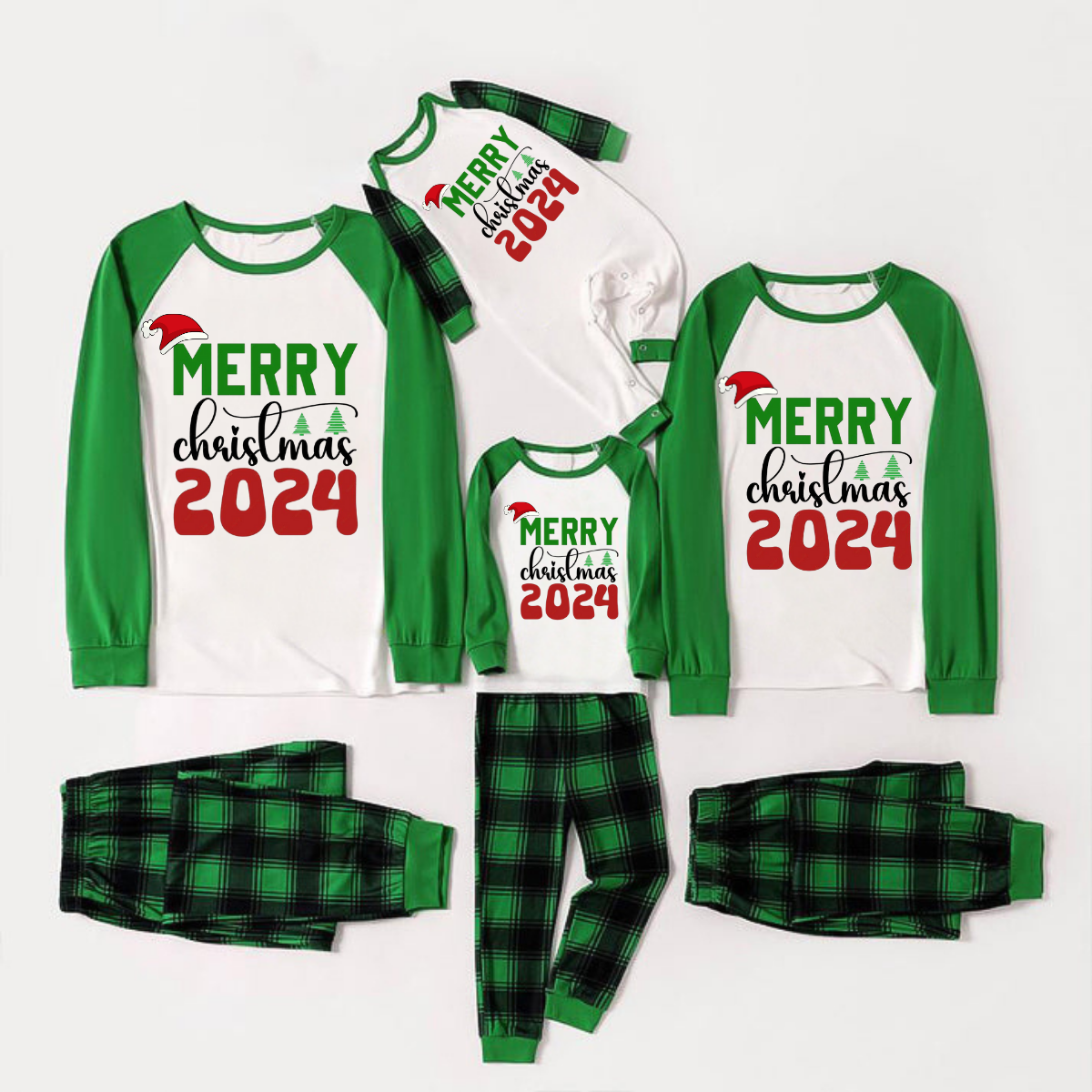 Merry Christmas 2024 Print Long Sleeve Top With Green & Black Plaid Christmas Matching Pajamas