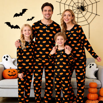 Spooky Halloween Vampire Lips Print Matching Family Pajama Set, Long Sleeve Henley Cotton Loungewear