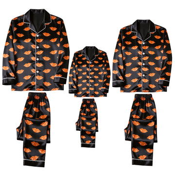Black & Orange Vampire Lips Print Satin Button-Up Family Halloween Pajamas Set