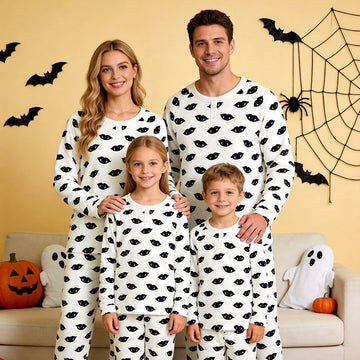 Spooky Halloween Vampire Black Lips Print Matching Family Pajama Set, Long Sleeve Henley Cotton Loungewear