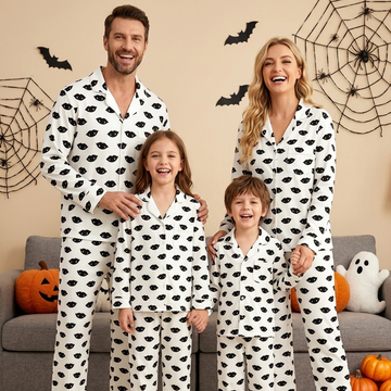 Minimalist Halloween Vampire Lips Print Matching Family Pajama Set, Button-Down Cotton Loungewear