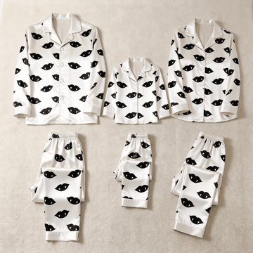 B&W Vampire Lips Print Satin Button-Up Family Halloween Pajamas Set