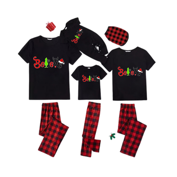 Believe Grinch Santa Family Pajamas Set - Black Top Red Pants Red Plaid Pattern Believe Letter Print