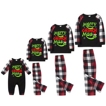 Christmas Cartoon Face and Text Prints Red & Black & Grey & White Plaid Family Matching Pajamas