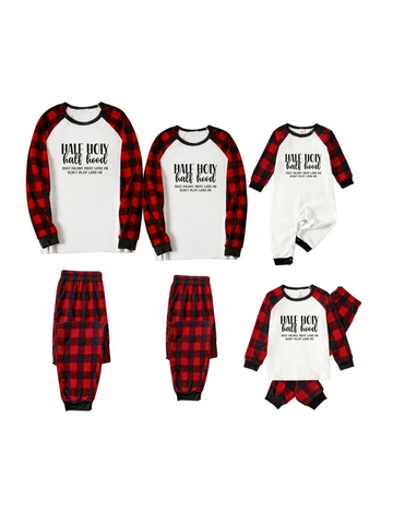 Half Hood Half Holy Letter Print White Long Sleeve with Black&Red Plaid Pants Family Matching Pajamas