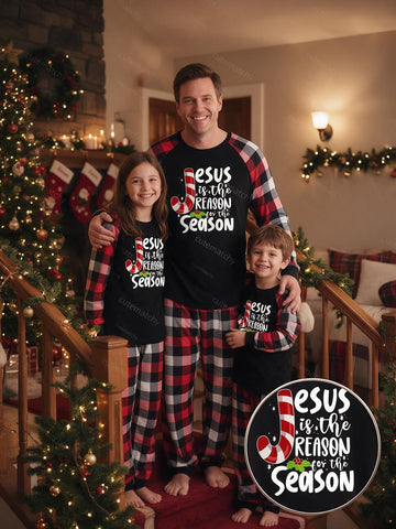 Family Matching Christmas Pajamas Set Jesus Is The Reason For The Season Candy Cane Print Black Raglan Top Red White Buffalo Plaid Pants Matching Set
