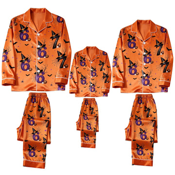 Orange Witch Hat & 67 Number Print Satin Button-Up Family Halloween Pajamas Set