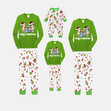 Cartoon Christmas Family Pajamas Set - Green Top, White Animal Print Pants