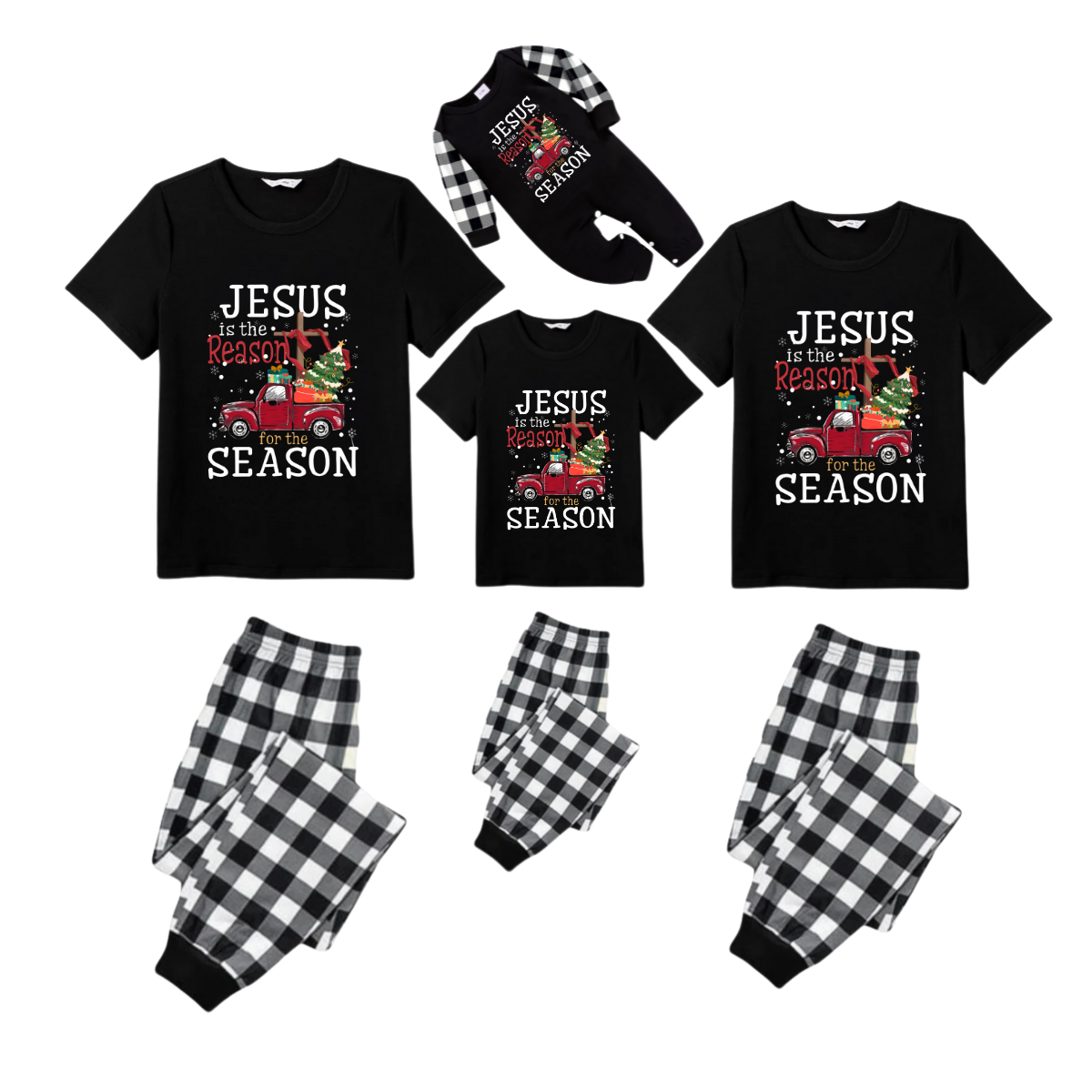 Black and White Plaid Christmas Short Sleeve Pajamas Set With "Jesus is the Reason for the Season" Text Print