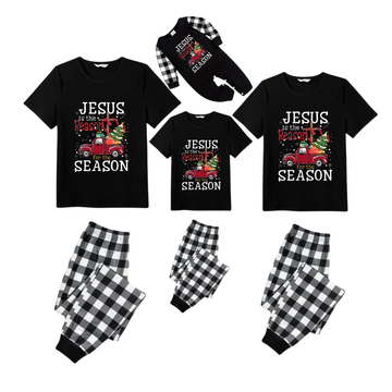Black and White Plaid Christmas Short Sleeve Pajamas Set With "Jesus is the Reason for the Season" Text Print