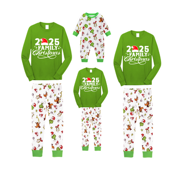 Christmas 2025 Cartoon Reindeer Print Family Matching Family Pajamas Set - Green Top, White Pants, Cartoon Pattern