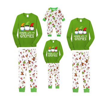 Hanging With My Gnomies Christmas 2025 Family Pajamas Set - Green Top, White Pants, White Christmas Cartoon Print