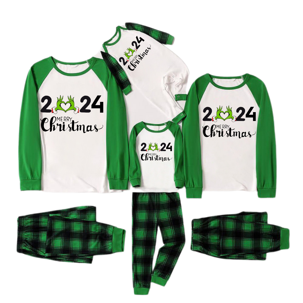 2024 Merry Christmas Text Print Long Sleeve Top With Green & Black Plaid Christmas Matching Pajamas