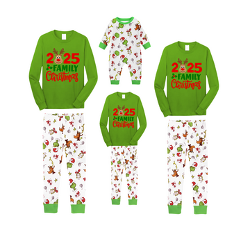 2025 Reindeer Family Christmas Family Pajamas Set - Green Top / White Cartoon Animal Print Pants / White Cartoon Animal Print