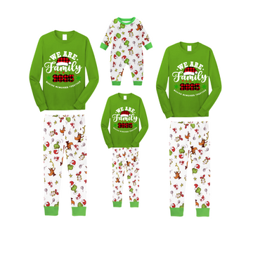 2025 We Are Family Christmas Family Pajamas Set - Green Top / White Animal Print Pants / White Animal Print Sleeves