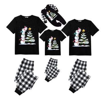 Black and White Plaid Christmas Short Sleeve Pajamas Set with Snowman & Christmas Tree Print