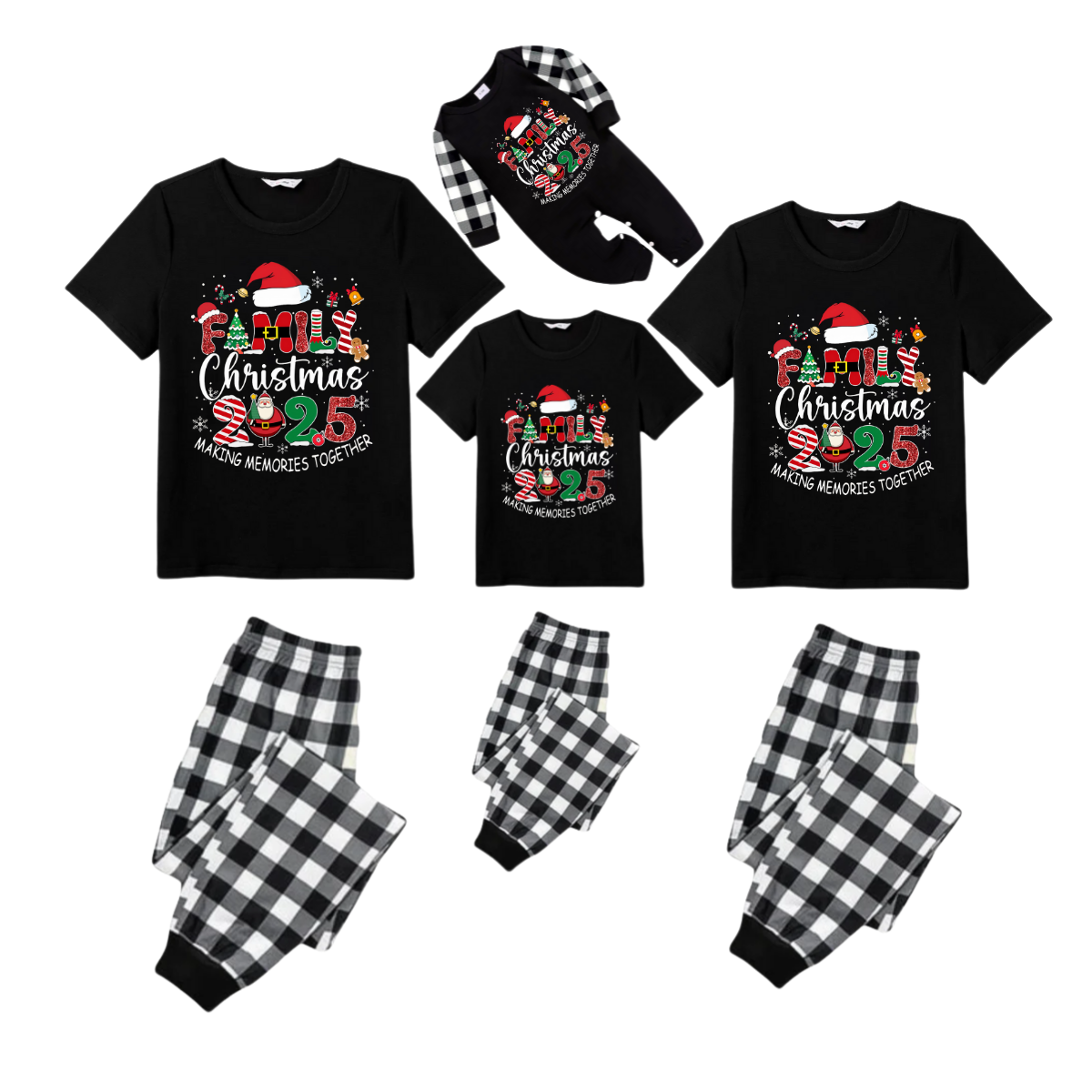 Black and White Plaid Christmas Short Sleeve Pajamas Set With "Family Christmas 2025 Making Memories Together" Text Print