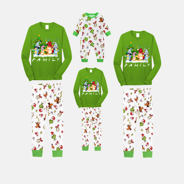 Christmas Cartoon Family Pajamas Set - Green Top, White Animal Print Pants