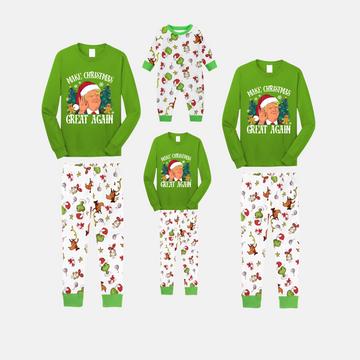 Christmas Cartoon Trump Make Christmas Great Again Family Pajamas Set - Green Top, White Pants, Cartoon Pattern