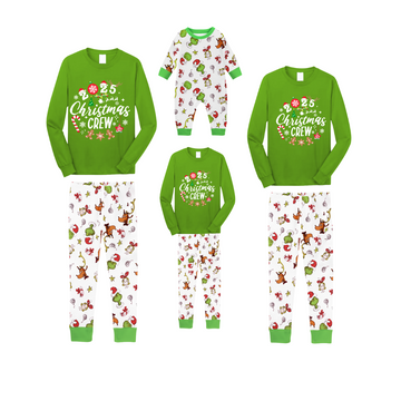 Christmas Crew 2025 Family Pajamas Set - Green Top, White Pants, White Cartoon Animal Print Sleeves, Gingerbread Candy Print