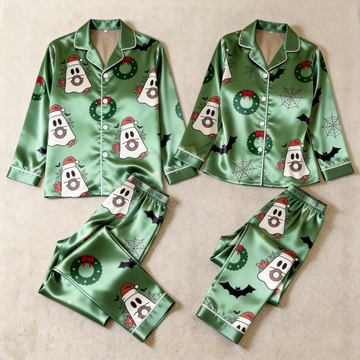 Spooky Holiday Print Satin Matching Pajamas for Couples – Long Sleeve Button-Down Top & Pants Sleepwear Set