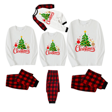 Christmas Tree Printed 2024 White Long Sleeve Top and Red & Black Plaid Pants Family Matching Pajamas