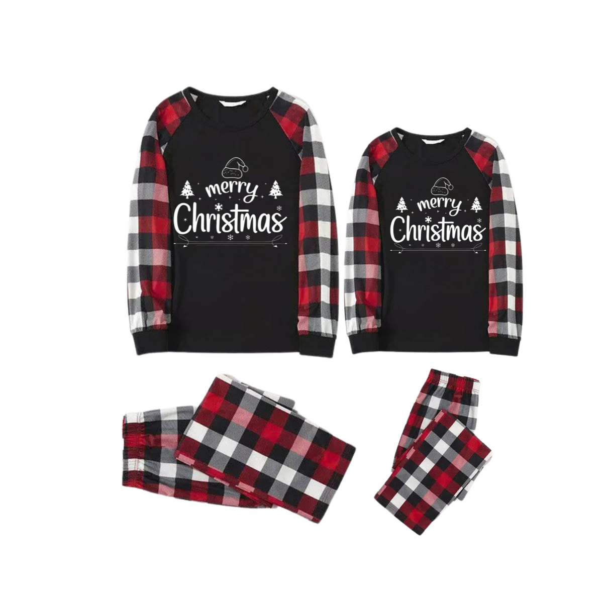 "Merry Christmas" Text Prints Red & Black & Grey & White Plaid Couple Matching Pajamas