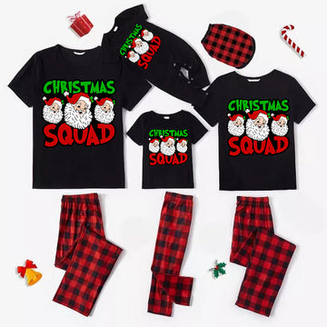 "Santa Squad" and Santa Claus Print Black Short Sleeve with Red & Black Plaid Pant Family Matching Pajamas