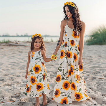 Mother and Daughter Matching Sunflower White Maxi Cami Dresses