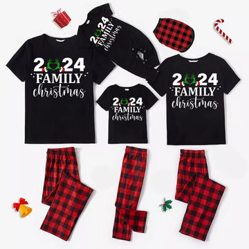 "2024 Family Christmas" Quirky Heart Letter Print Black Short Sleeve with Red & Black Plaid Pant Family Matching Pajamas