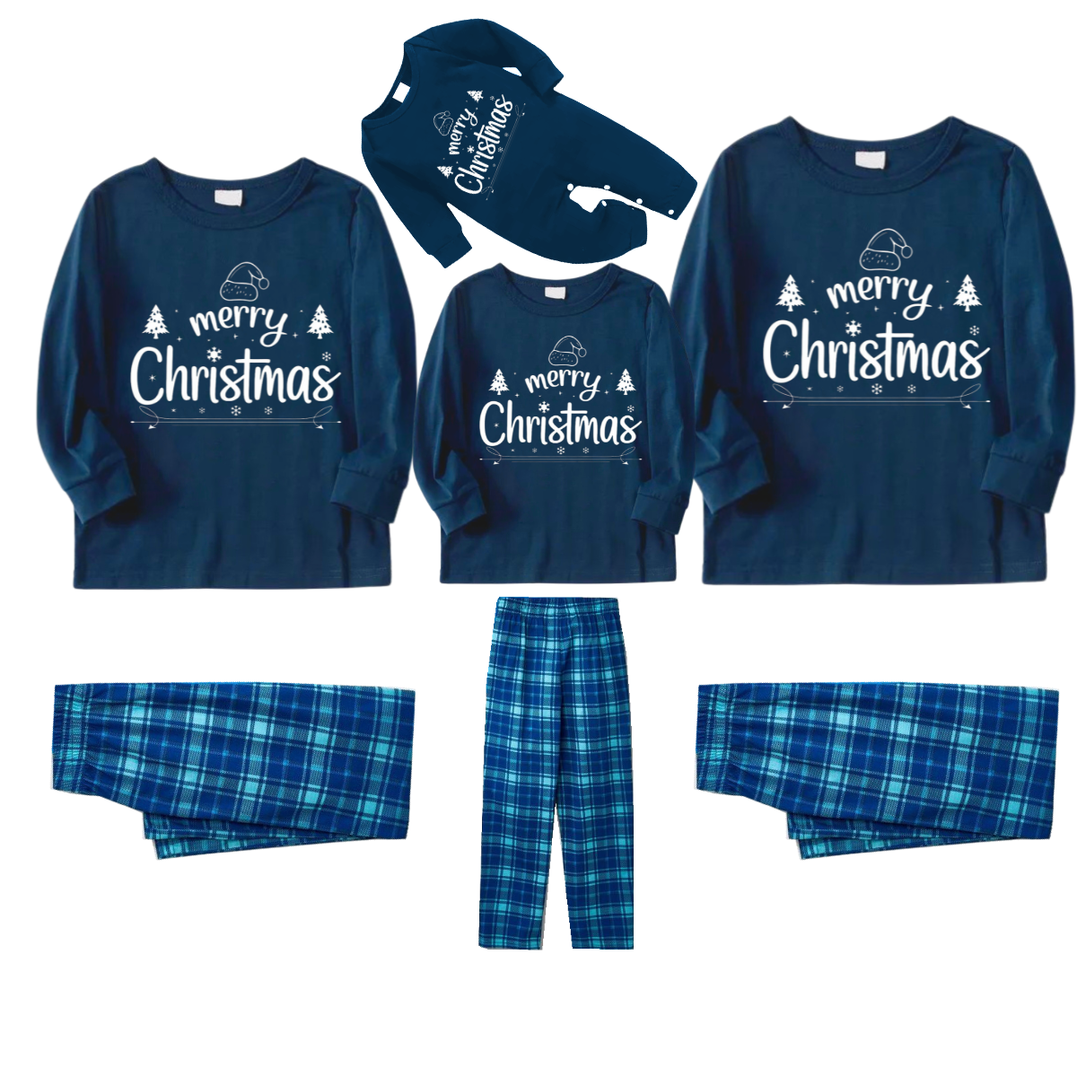 "Merry Christmas" White Letter 2024 Blue Long Sleeve Top With Blue Plaid Family Matching Pajamas