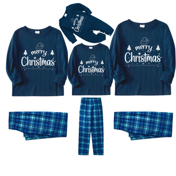 "Merry Christmas" White Letter 2024 Blue Long Sleeve Top With Blue Plaid Family Matching Pajamas