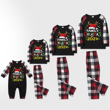 Family Christmas Shirts Santa Hat Christmas Deer Patterned and 'FAMILY CHRISTMAS 2024  ' Letter Print Contrast Tops and Red & Black & White Plaid Pants Family Matching Pajamas Set With Dog Bandana