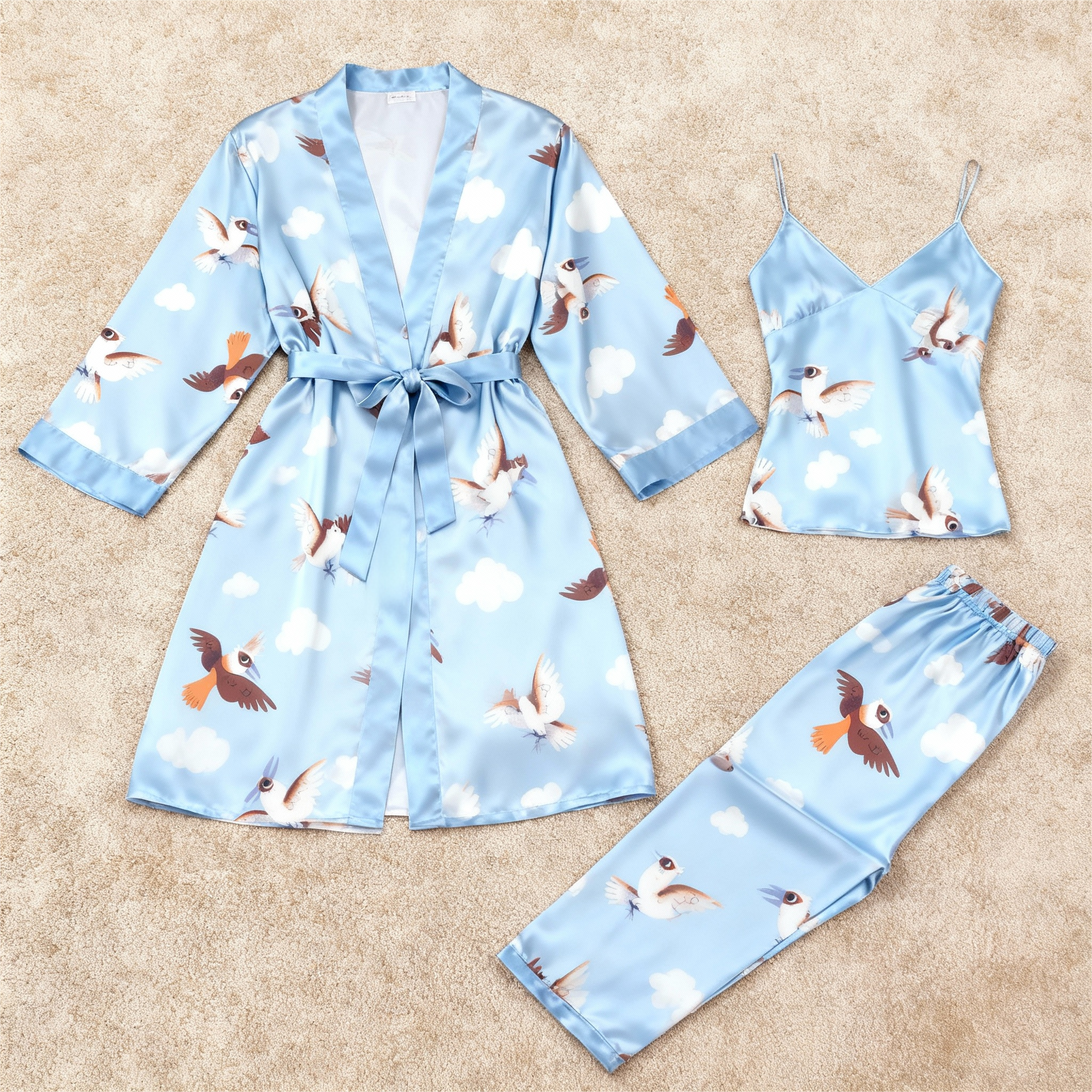 Women’s Light Blue Silky Satin Homewear Set with Cute Bird Motifs