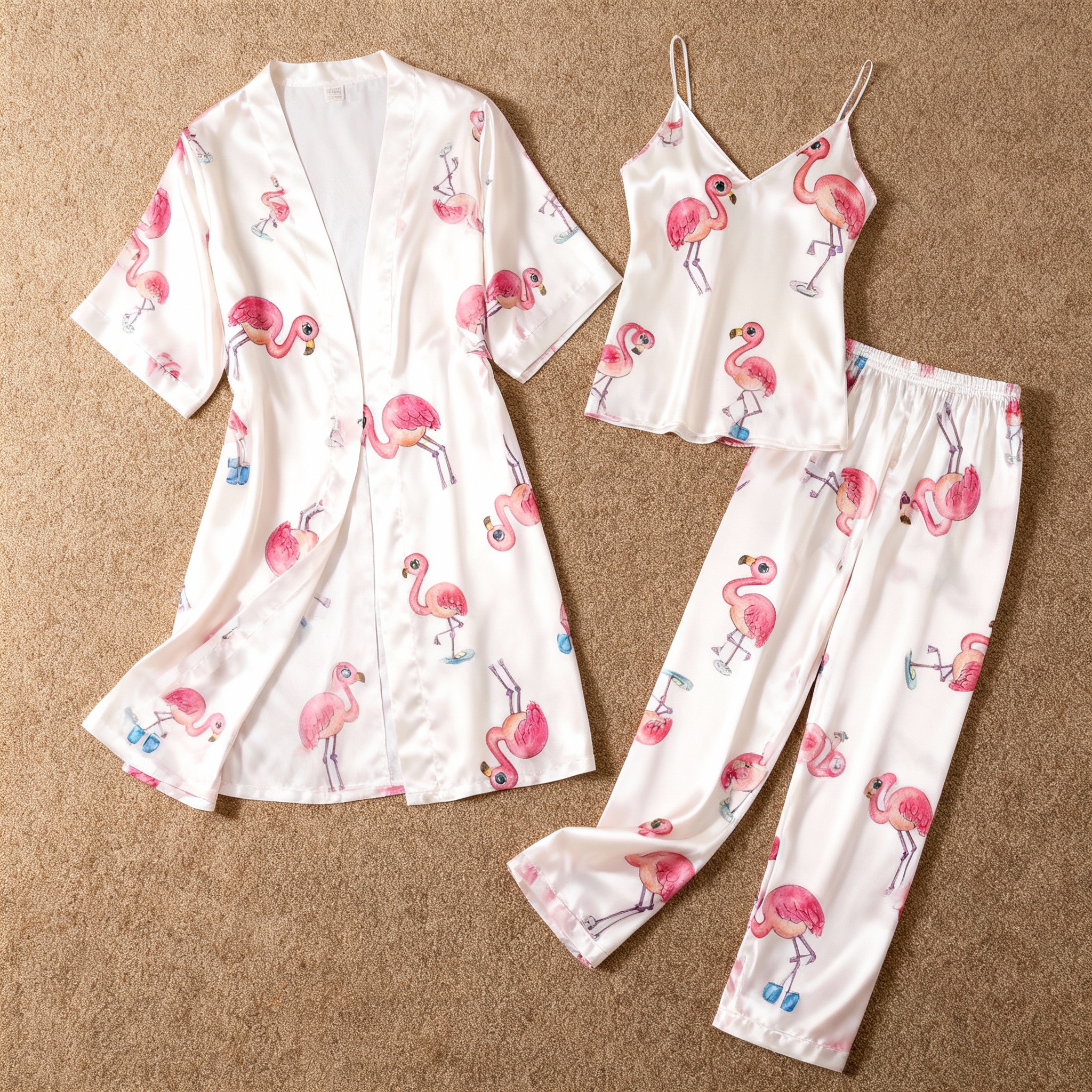 Silky Satin 3-Piece Nightwear Set with Pink Flamingo Design