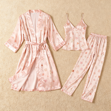 Silky Satin 3-Piece Pink Nightwear Set with Florals Design