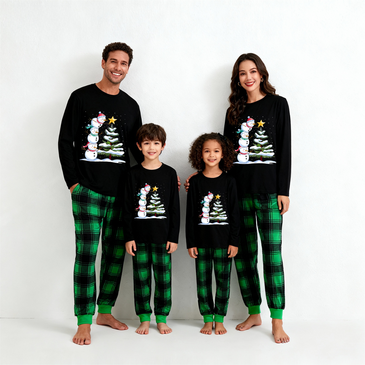 Christmas Family Matching Pajamas-Black Top and Green Plaid Pants Pjs Set with Snowman Cartoon Print